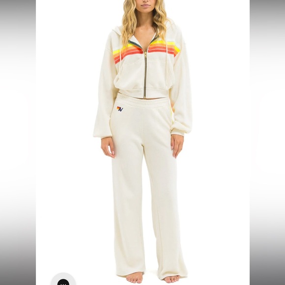 SOLD Aviator Nation: 5 STRIPE HOODIE & WIDE LEG SWEATPANTS -VINTAGE WHITE NEON - Picture 10 of 10